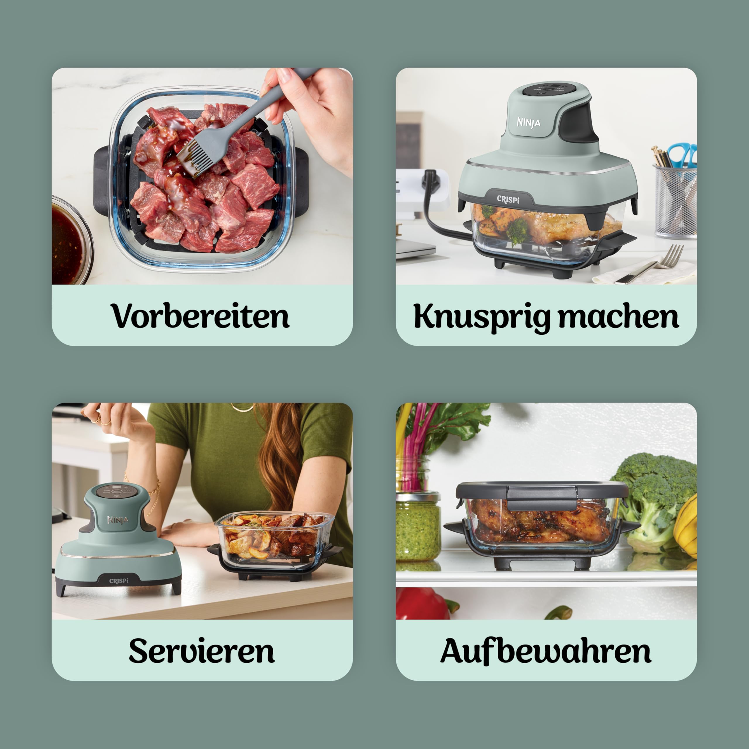 Ninja CRISPi Tragbare Air Fryer Heißluftfritteuse, 3,8 l, 4-in-1: Heißluftfrittieren, Braten, Warmhalten, Recrisp, Kompakt, 6 Portionen, 2 Herausnehmbare Glasbehälter & Deckel, 1700 W, Sage FN101EUSG 8