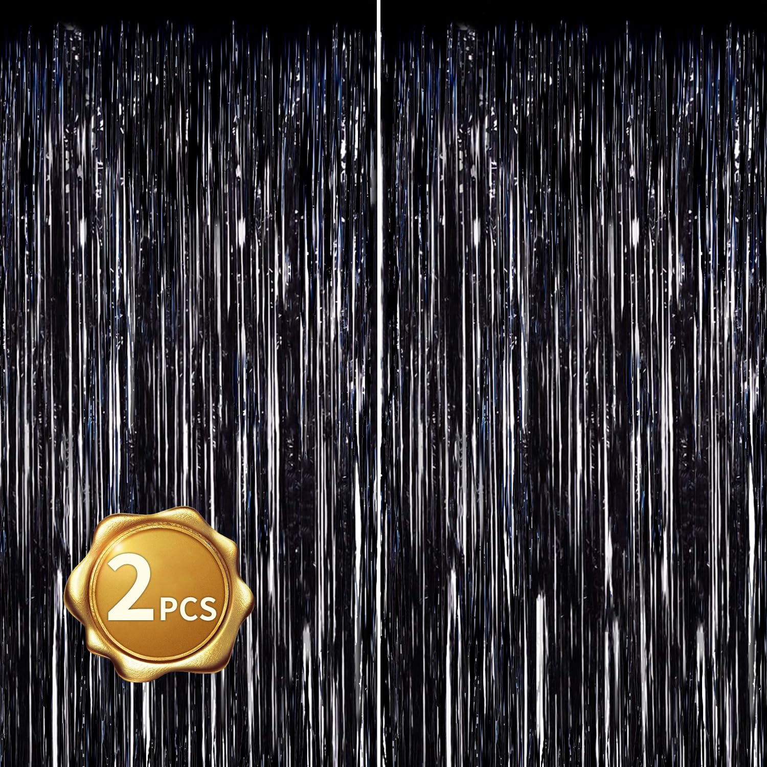 BEISHIDA 2 Pack Foil Fringe Curtain,Black Tinsel Metallic Curtains Photo Backdrop for Wedding Engagement Bridal Shower Birthday Bachelorette Party Stage Decor(3.28 ft x 6.56 ft)