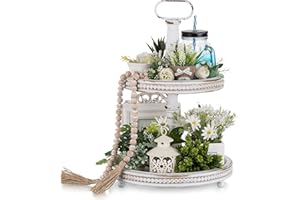 Hanobe Two Tiered Tray Stand: Farmhouse 2 Tier Easter Decorative Trays White Round Serving Wood for Home Decor Living Room Coffee Table Centerpieces Kitchen Gift