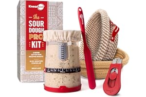 KneadAce Sourdough Starter Kit – 34oz Starter Jar, 2 Round Cotton Rope Banneton Proofing Baskets, Magnetic Bread Lame for Sco