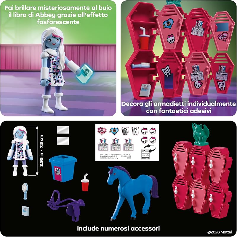 | Monster High™ | Abbey agli armadietti | Scena nel corridoio scolastico con Abbey Bominable, Nightmare, libro glow e armadietti | Per fan da 5 anni | 72146 — foto 4 di 5
