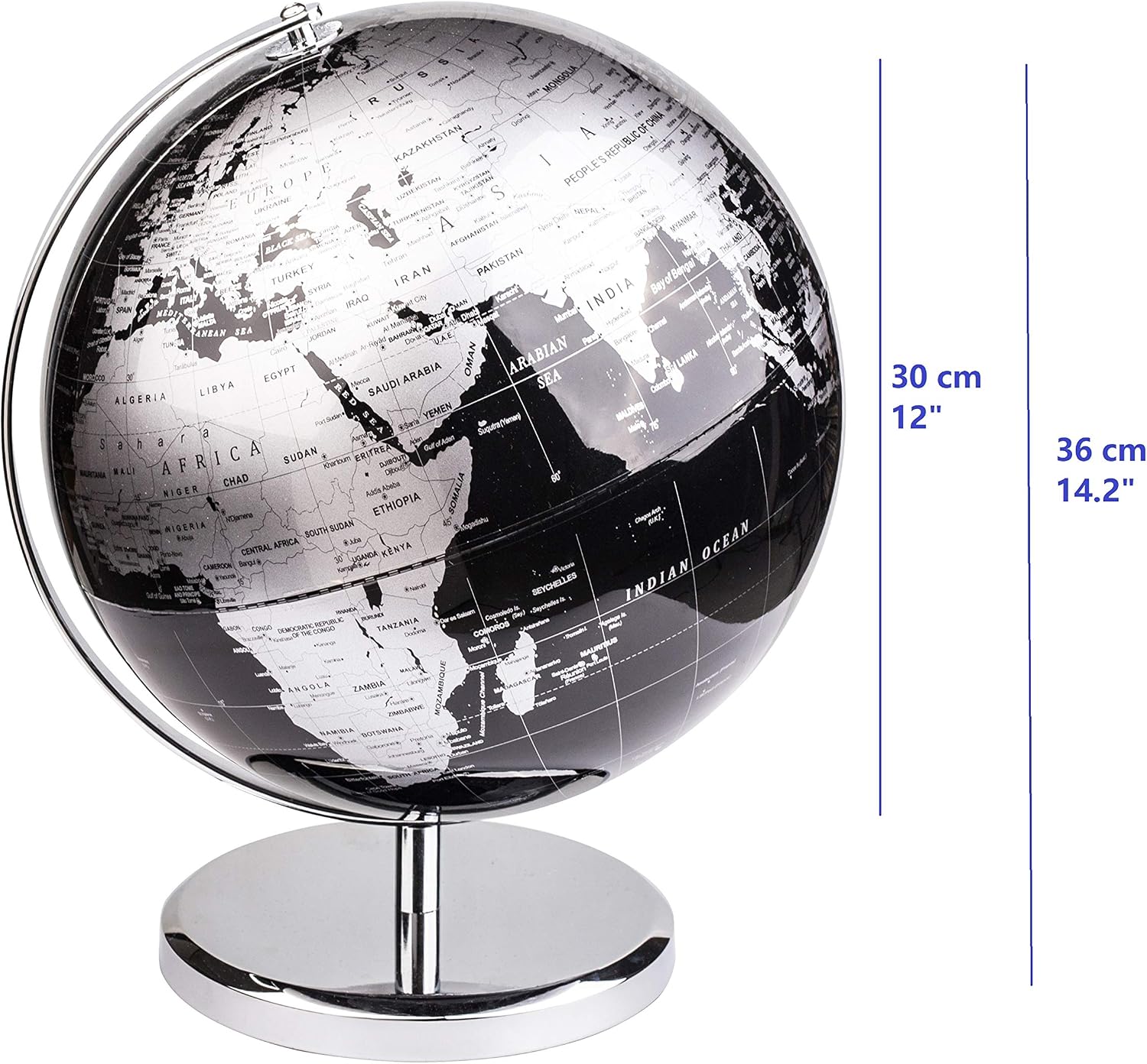 Exerz 30cm World Globe With a Metal Base, Metallic Black Earth Globe Geographic English Modern Map Desktop Decoration - Image 3