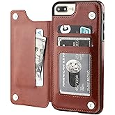 for iPhone 7 Plus/8 Plus Wallet Case with Card Holder,OT ONETOP Premium PU Leather Kickstand Card Slots Case,Double Magnetic Clasp and Durable Shockproof Cover 5.5 Inch(Brown)