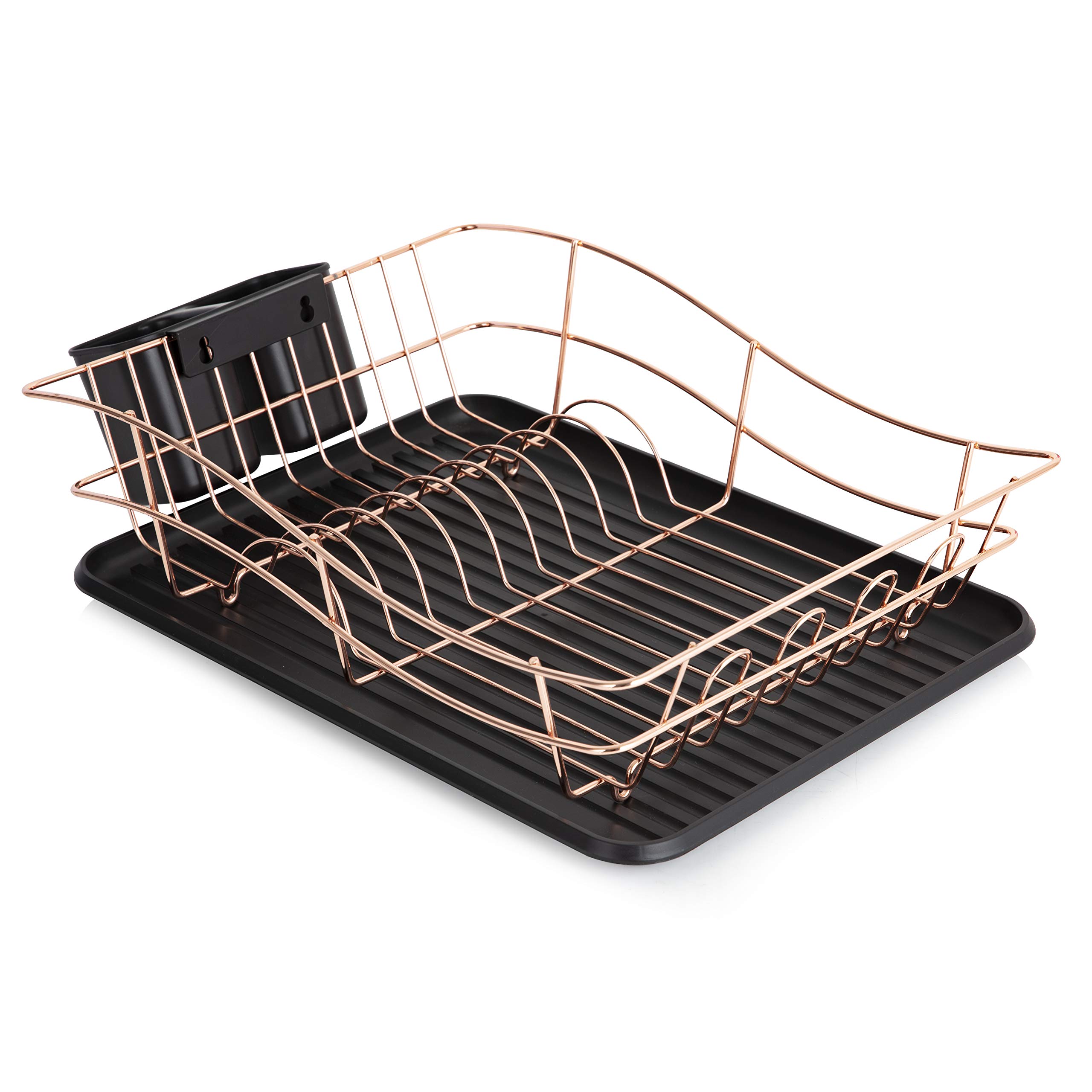 Tower Dish Rack with Tray and 2 Removable Cutlery Holders, Stainless Steel, Black and Rose Gold, Large, T81400RB