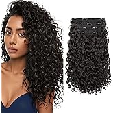 REECHO Curly Hair Extensions - 4PCS 14" GoGo Curly Clip in Hair Extensions 100% Super Protein Hairpieces with Invisible Lace Weft Silky Soft Natural Look for Women - Black Brown