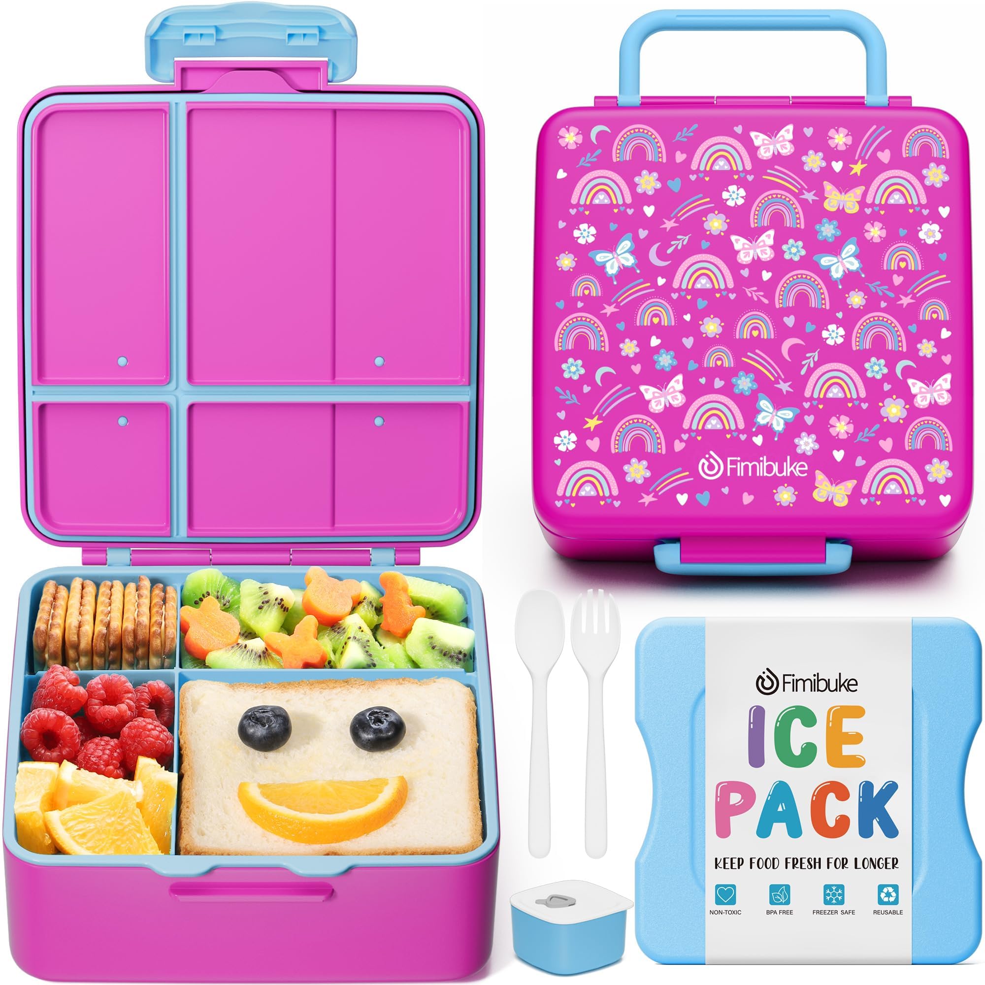 Photo 1 of Fimibuke Chill Bento Box for Kids Adult, Leak Proof Toddler Lunch Box with Ice Pack Keep Food Cold, BPA Free 4 Compartment Lunch Container with Utensils for Girl Boy School, Microwave Dishwasher Safe