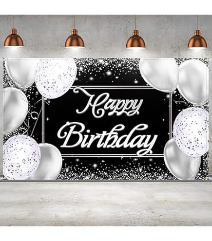 7x5ft Happy Birthday Backdrop – Black & Silver Glitter Balloon Fireworks Photo Background