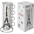 6910 Uniware Chic Eiffel Tower Paris Stacking Porcelain Expresso Coffee Mug with Stainless Steel Frame (Set of 4)