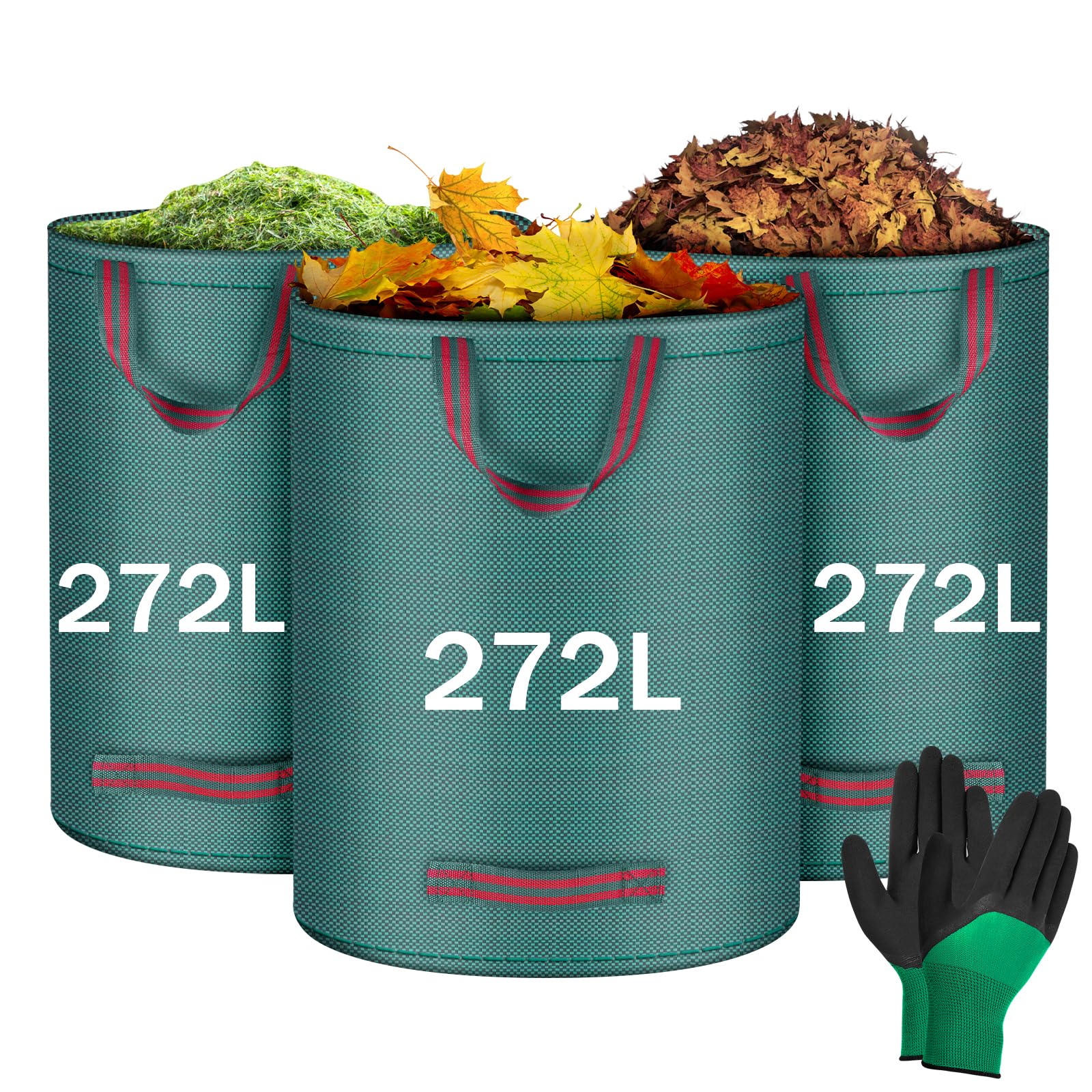 Flintronic 3Pcs 272L Heavy Duty Garden Bags,Reusable Gardens Sacks with 1 Pair of Work Gloves,Green Waste Sack with Handles, Tools Bags for Garden Waste Plant Waste Grass Leaves