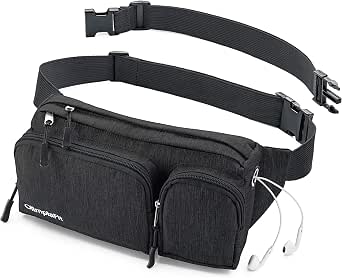 Amazon.com: Bolsa canguro para cintura para hombres y mujeres, con orificio  para auriculares, cinturón de dinero con 6 bolsillos, extensión de la  correa, para viajes, acampar, escalar o correr, transporte fácil para