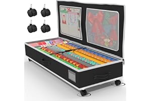 GoMaihe Wrapping Paper Storage with Wheels: Fits 41" Under-bed Gift Wrap Organizer & Container for Christmas Ribbon Accessories | Pockets & Adjustable Dividers | Easy Pull-out | Heavy-duty | Black