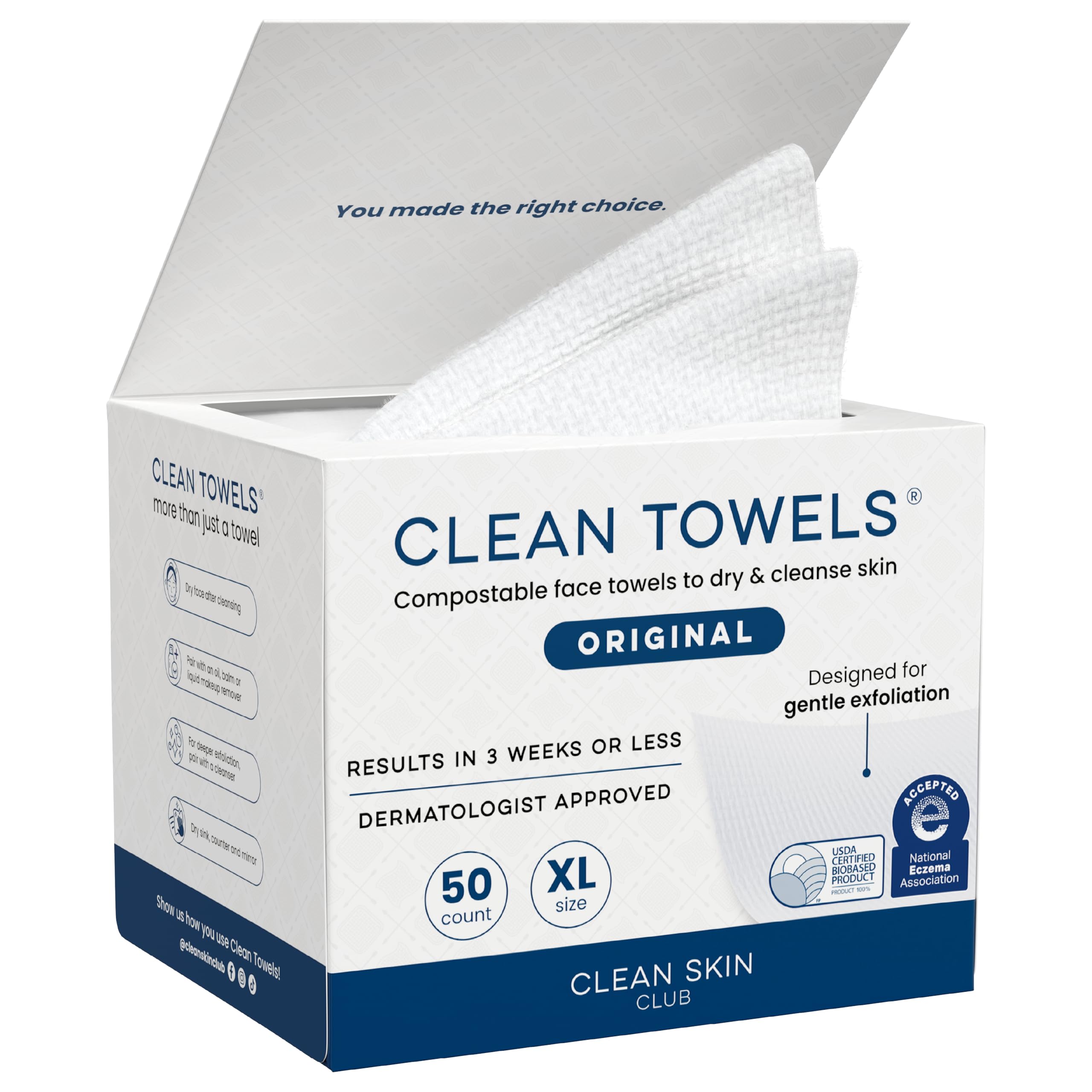Clean Skin Club Clean Towels XL®, 100% USDA Biobased Face Towel, Disposable Face Towelette, Eczema Association Accepted, Makeup Remover Dry Wipes, Ultra Soft, 1 Pack, 50 Ct — image 1