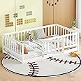 Twin Size Floor Bed Frame with Door and Slats,Montessori Floor Bed with Safety Guardrails for Girls Boys,Solid Wood Kids Montessori Bed Twin Size,White