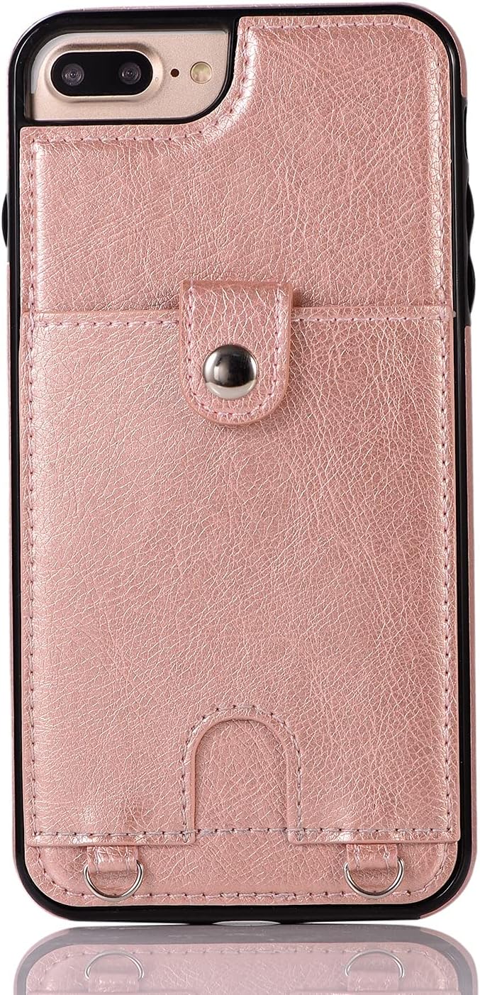 GUOQING for iPhone 7 Plus Phone Case PU Leather Lanyard Protective Case, with Card Holder, Adjustable and Detachable Anti-Lost Lanyard Wallet, for iPhone 7 Plus. (Color : Rose Gold)