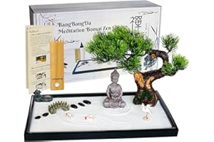 BANGBANGDA Japanese Zen Garden Kit for Desk - Meditation Rock Sand Garden for Birthday Gift Office Home Desktop Relaxation Decor Bamboo Rakes Bonsai Tree Pagoda Accessories Tools Kits