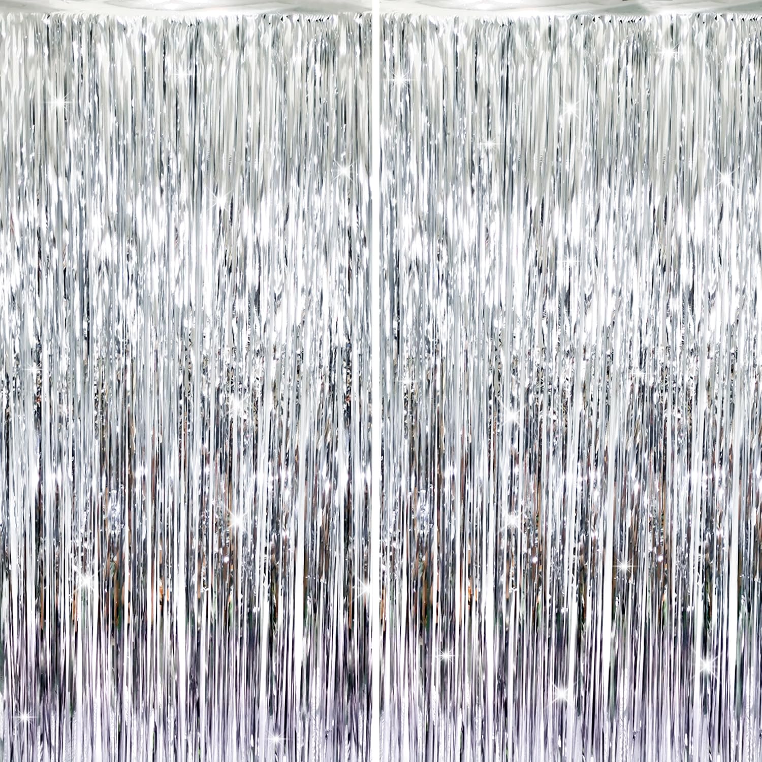 GOER 3.2 ft x 8.2 ft Metallic Tinsel Foil Fringe Curtains,Party Streamer Backdrop for Birthday,Graduation Decorations and New Year Eve (Silver,2 Packs)