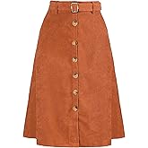 Allegra K Womens High Waist Button Front A-Line Belted Corduroy Midi Skirt