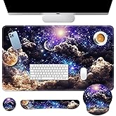 Britimes Moon Space Night Keyboard Mouse Pad Set Blue Cute Cloud 4in1 Large Mousepad+Keyboard Wrist Rest+Mouse Wrist Rest+Coaster Ergonomic Design for Home Office Computer 35.4x15.7 inches