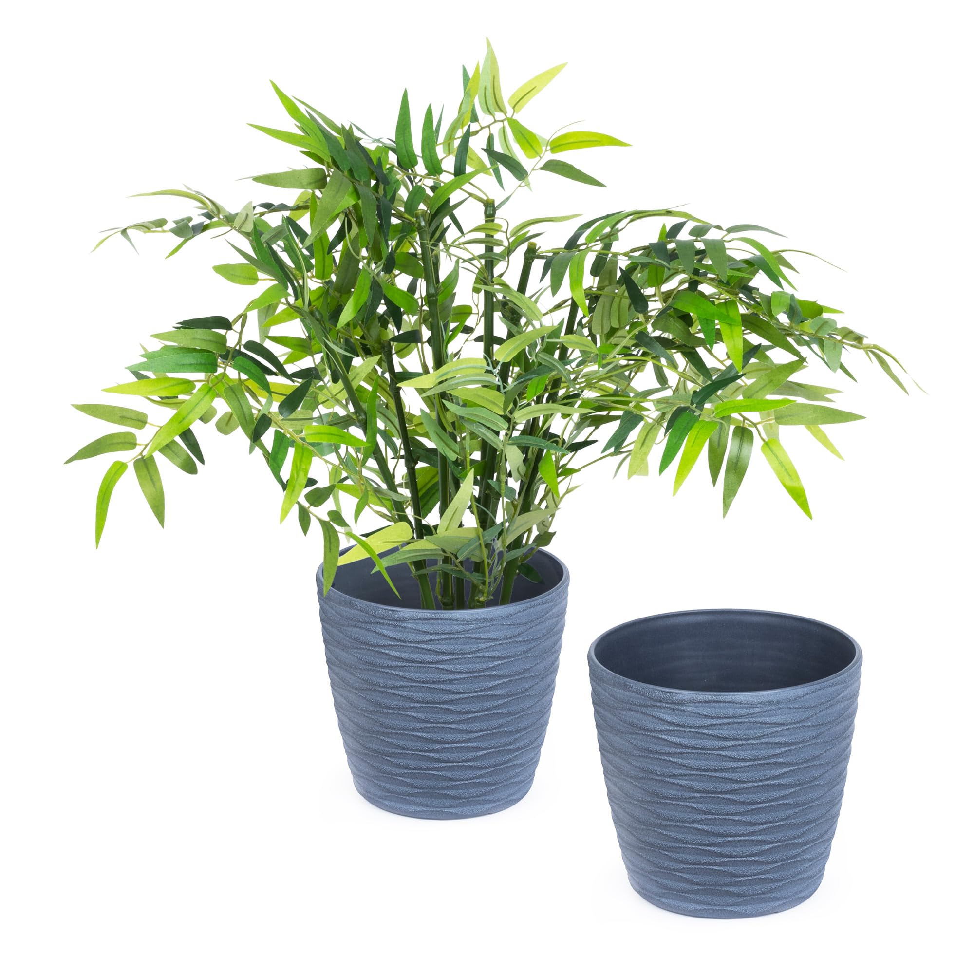 LIVIVO Flower and Plant Pot with Wave Design and Drainage Hole for Indoor or Outdoor Use, Hard Wearing Durable 18cm Diameter Plastic with Wave Design (Set of 2, Grey)