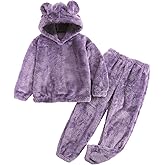 Flygo Girls Fuzzy Pants Set Crop Hoodie Bear Ear Two Piece Outfits Fluffy Sweatshirt and Fleece Pants Sweatsuit