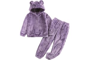 Flygo Girls Fuzzy Pants Set Crop Hoodie Bear Ear Two Piece Outfits Fluffy Sweatshirt and Fleece Pants Sweatsuit
