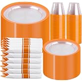 I00000 350 Pcs Clear Orange Plastic Plates Dinnerware Set for 50 Guests | Fancy Disposable Set Include 50 Dinner and 50 Dessert Plates, 50 Cups, 50 Pre Rolled Napkins with Cutlery Set for Wedding