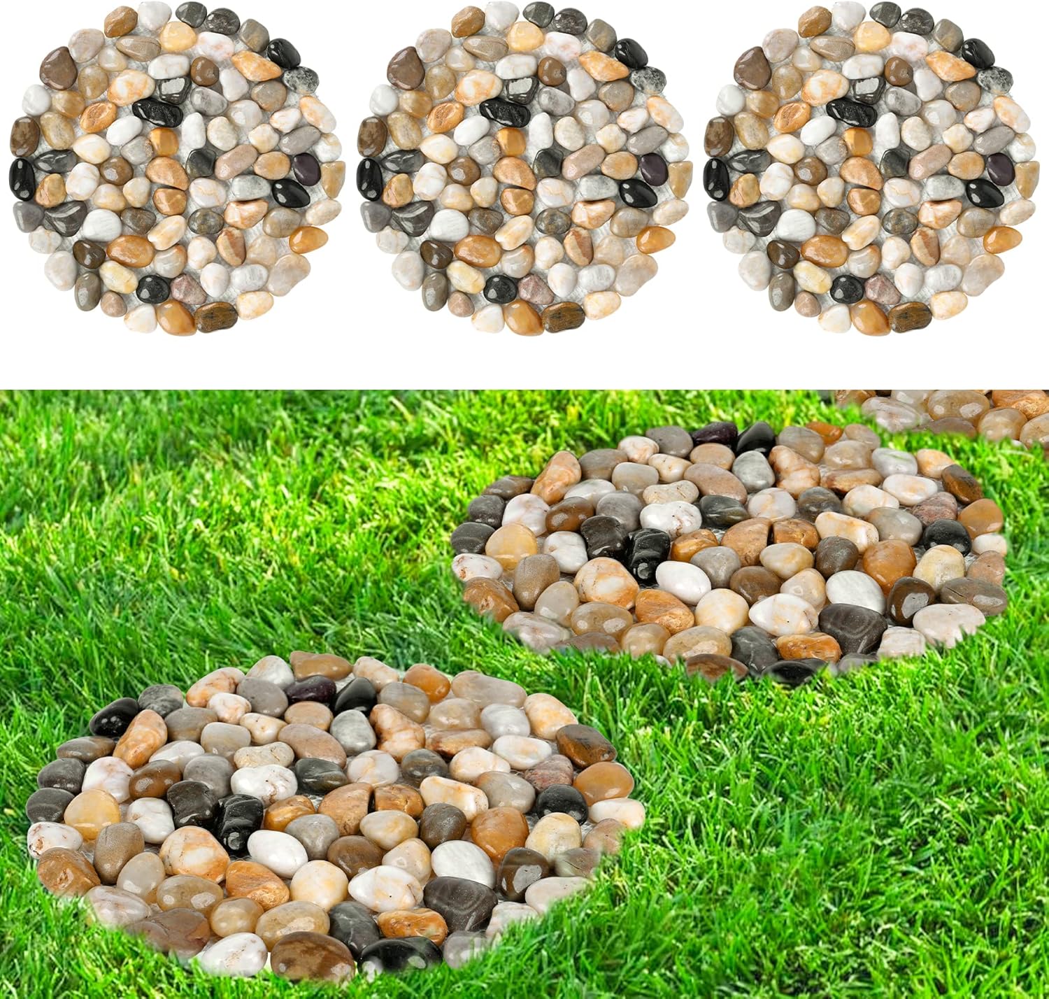 Hardscaping Materials - River Rock Stepping Stones Outdoor for Garden Walkway, 12 inch Diameter 3 Pcs Round Shape Paver Step Stones Polished Pebble River Stone Mat for Yard Lawn Patio Pathway Walk Way - Multi-Color