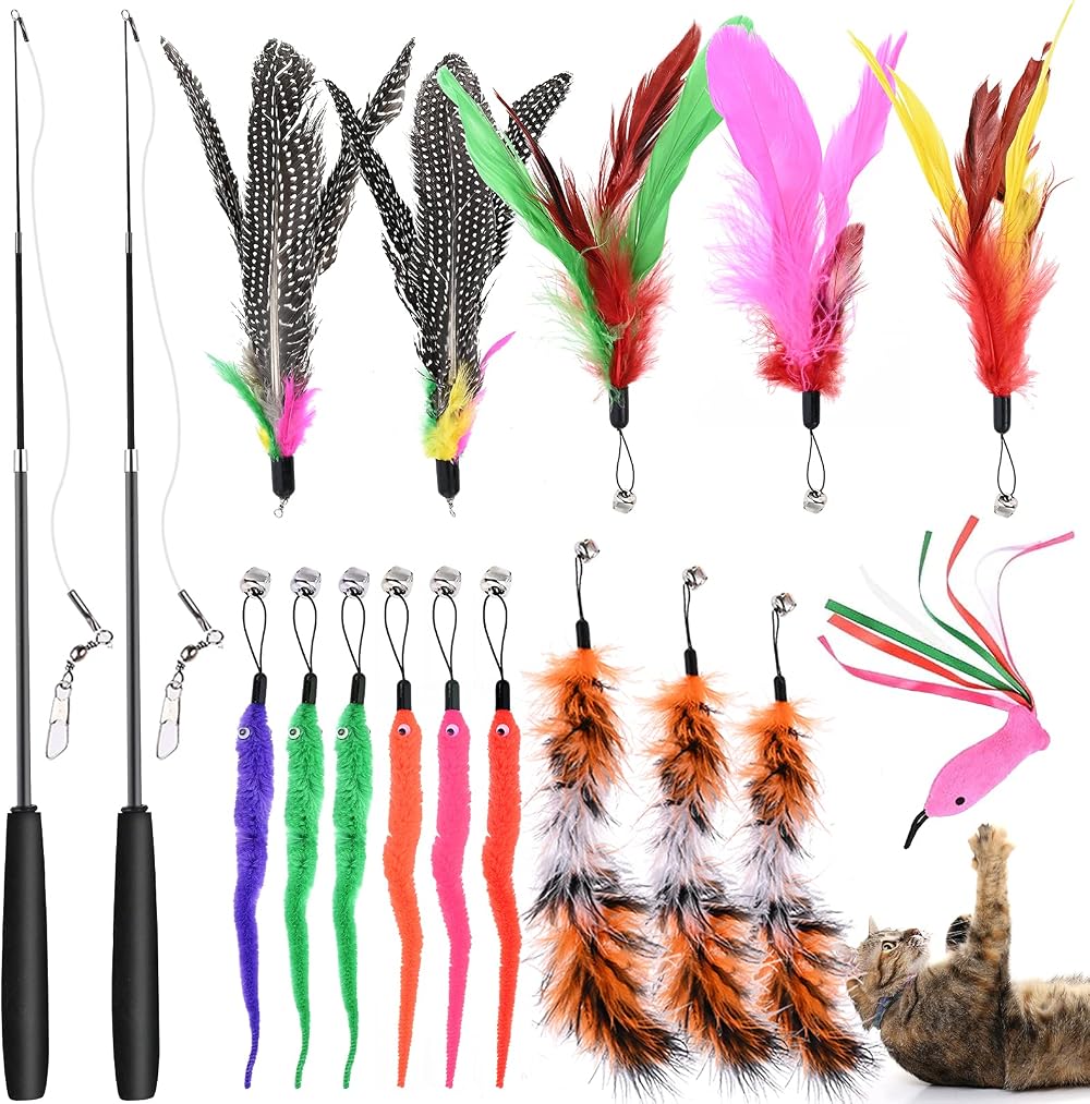 GOLDGE Cat Toys Long Lasting Retractable Wand with 15 Replacements