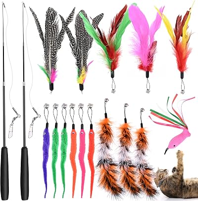 GOLDGE Cat Toys Long Lasting Retractable Wand with 15 Replacements