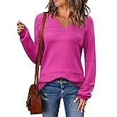Zeagoo Womens 2026 Fall Sweaters Casual Long Sleeve Ribbed Knit Pullover V Neck Lightweight Crochet Pullover Sweater Top