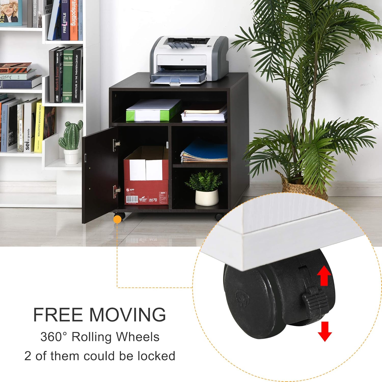 HOMCOM Printer Stand Multipurpose Moveable Filing Cabinet with Ample Inner Storage Space & 4 Easy-Rolling Wheels, Coffee: Furniture & Decor