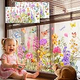 2 Sheets Flower Window Clings, Wildflower Static Windows Sticker | Window Stickers, Colorful Floral Bouquet Windows Sticker, Removable Double-Sided Cut Freely to Size for Home Office Decor