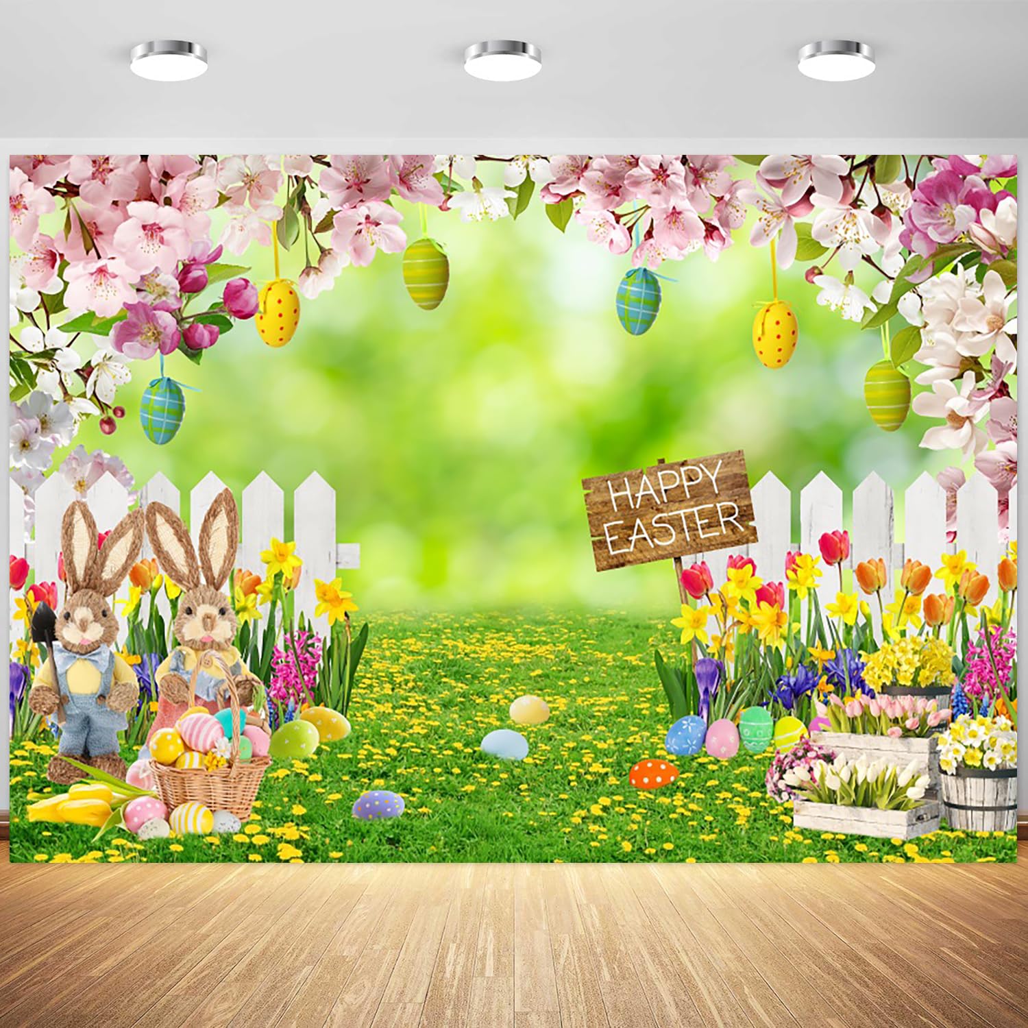 Photo 1 of 10x8ft Easter Backdrop Spring Easter Bunny Garden Green Grass Flowers Fence Photography Background Birthday Party Happy Easter Colorful Eggs Decoration Photo Booth Props