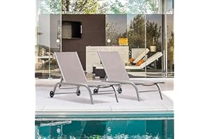 DOMI OUTDOOR LIVING Domi Pool Lounge Chairs Set of 2, Adjustable Aluminum Outdoor Chaise Lounge with Wheels Patio Lounge Chairs, All Weather for Deck Lawn Poolside Backyard-Khaki Textilene