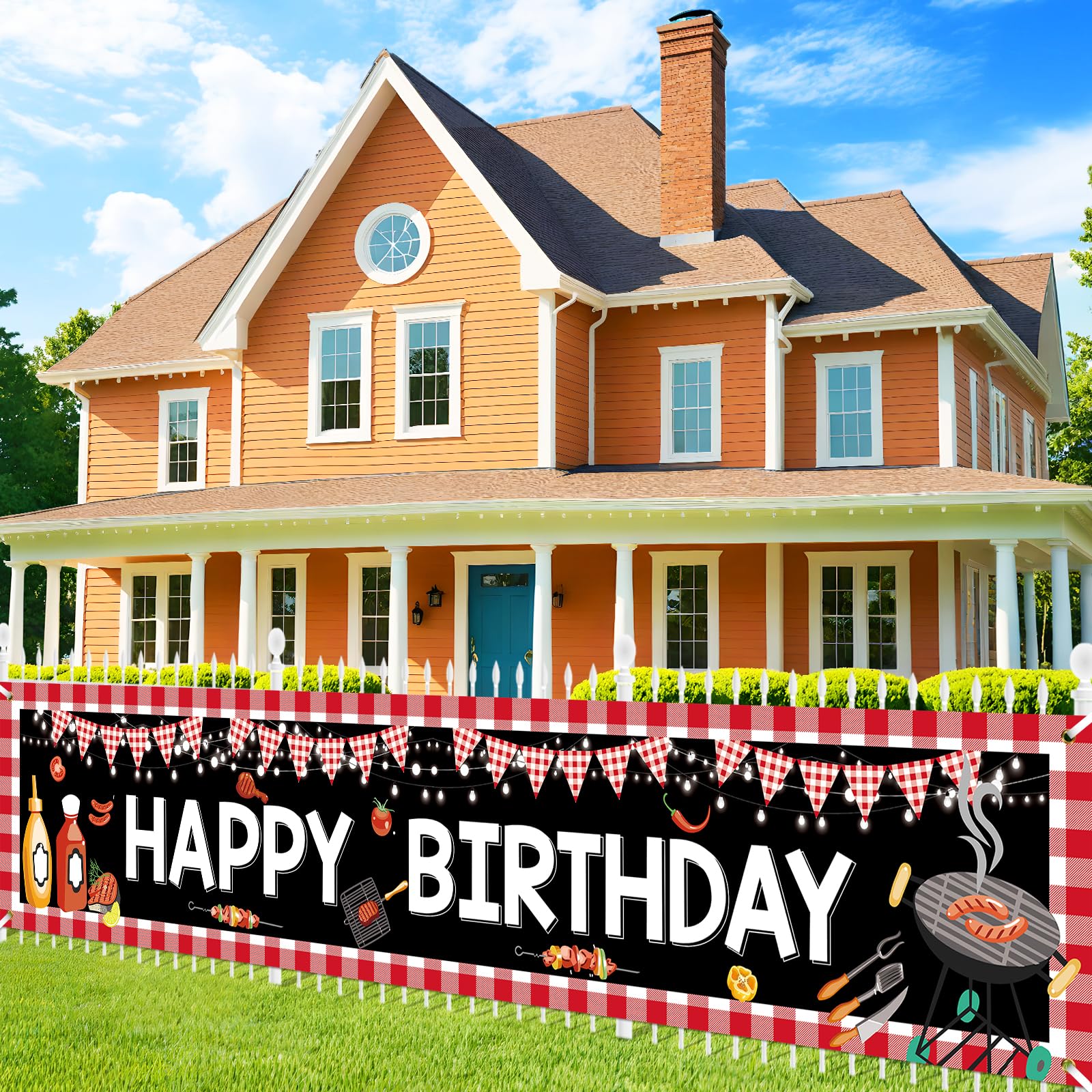 Photo 1 of BBQ Birthday Party Decorations Large BBQ Happy Birthday Banner Picnic Birthday Yard Banner Red Gingham Backdrop for BBQ Birthday Baby Shower Barbecue Party Supplies Yard Outdoor 118 x 23.6 Inch