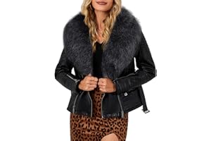 Bellivera Women's Faux Leather Jacket Moto Biker Sherpa-Lined Coat with Removable Fur Collar