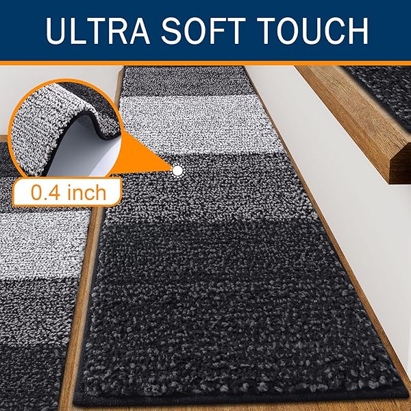 OLANLY STAIR TREADS NON SLIP 4PCS, 8″ X 30″ INDOOR STAIR RUNNERS FOR WOODEN STEPS, EDGING STAIR RUGS WITH REUSABLE PEEL AND STICK ADHESIVE FOR KIDS ELDERS AND PETS, BLACK