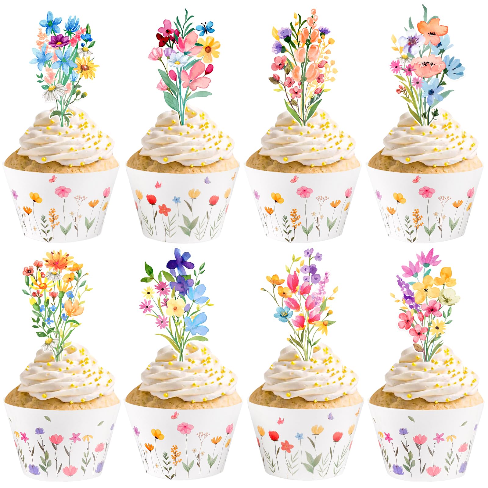 Photo 1 of Hooqict Wildflower Birthday Party Decorations 48 Pack Flower Cupcake Toppers and Liners Baby in Bloom Baby Shower Cake Decorations Floral Birthday Cupcake Toppers Party Supplies