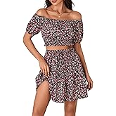 Vrtige Women's 2 Piece Outfits Floral Off Shoulder Short Sleeve Crop Top and Ruffle Mini Skirt Set