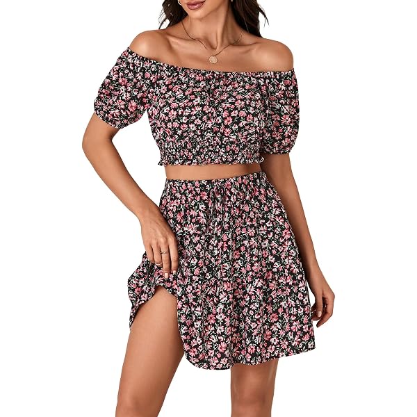Completo A Due Pezzi Floerns Per Donna – Top E Gonna Con Stampa Floreale, Elasticizzato, Stile Boho