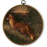 QZQE Vintage Moody Fox Round Wall Art Decor Framed, Retro Cottagecore Forest Fox Circle Canvas Prints, Rustic Nature Wildlife