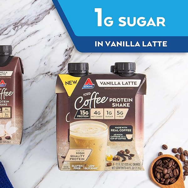 ATKINS ICED COFFEE VANILLA LATTE PROTEIN-RICH SHAKE, KETO FRIENDLY AND GLUTEN FREE. (4 SHAKES)