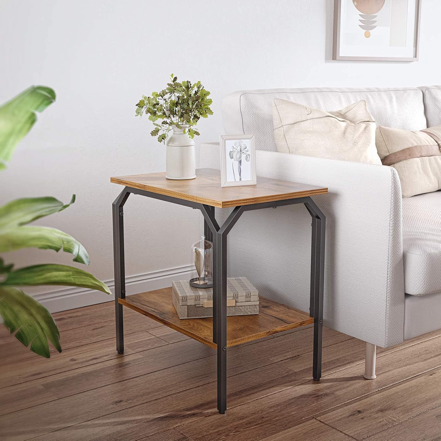 Cubiker End Table, Side Tables for Living Room Bedroom, 2-Tier Accent Table with Wooden Shelf, Waterproof Boards and Metal Frame, Easy to Assemble, Fir: Kitchen & Dining