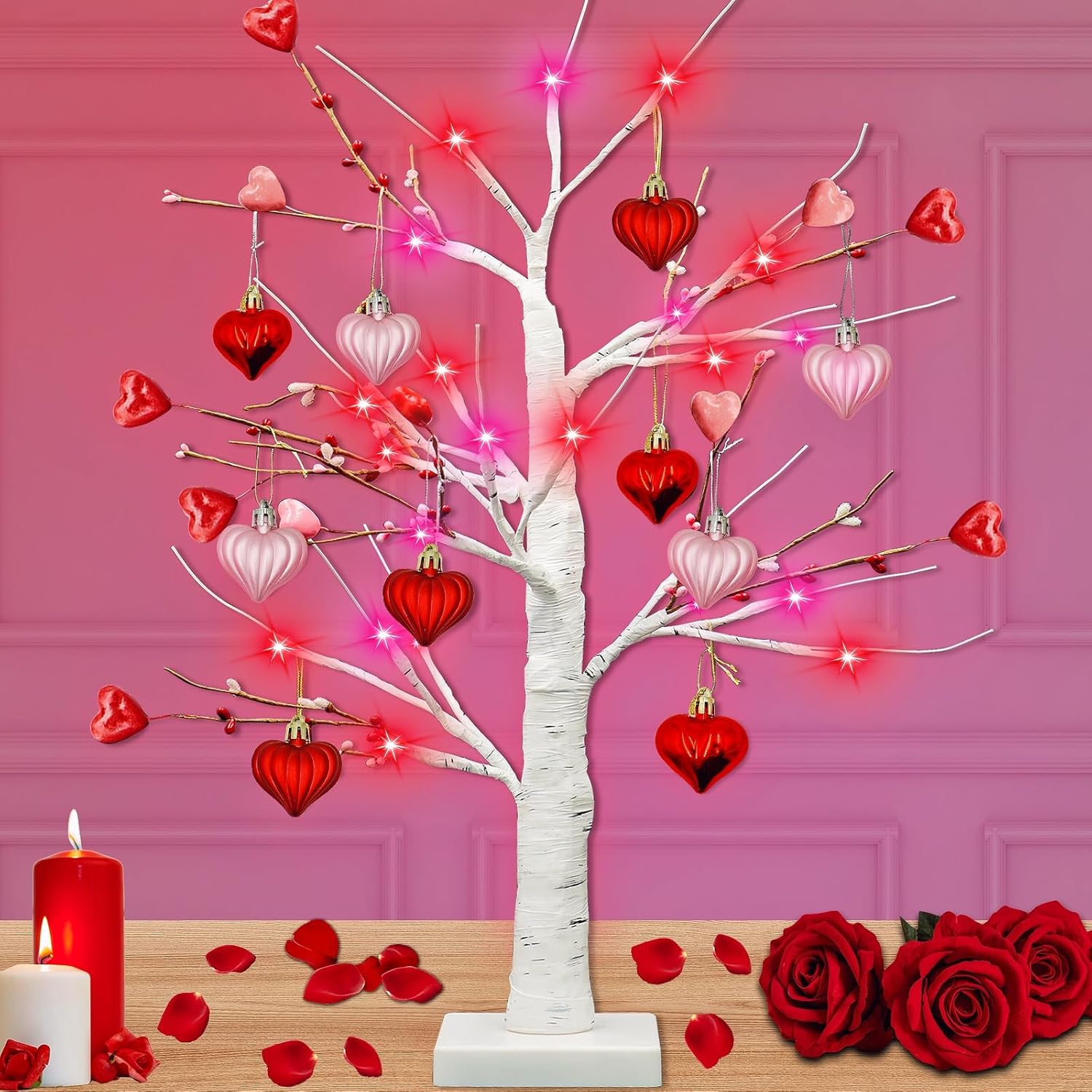 Trees - [ Timer ] Valentines Day Decor 24 Inch Birch Tree Decor with 10 DIY Heart Ornaments 24 LED Red Pink Lights Battery Operated Tree Lights for Home Table Wedding Valentine's Day Decorations