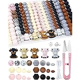 FIVEIZERO 185PCS Silicone Focal Beads for Keychain Making, Animal Cow, Round, Lentil, Hexagon, Printed, Rhinestone, Sliver Spacer Beads for Pens, Bracelets & Crafts with Elastic Cord & Scissors