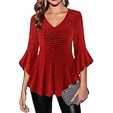 Timeson Women's Sparkly Tops Ruffle 3/4 Sleeve Blouses Holiday Shirts Christmas Outfits