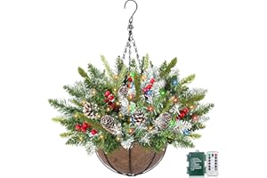 GRANDEAL 20 Inch Artificial Christmas Hanging Basket with 30LED Changing Warm White&Multicolored Timer 8 Modes Remote Control Norfolk Pine Snowy Tips Hanging Christmas Decorations for Porch Front Door Home