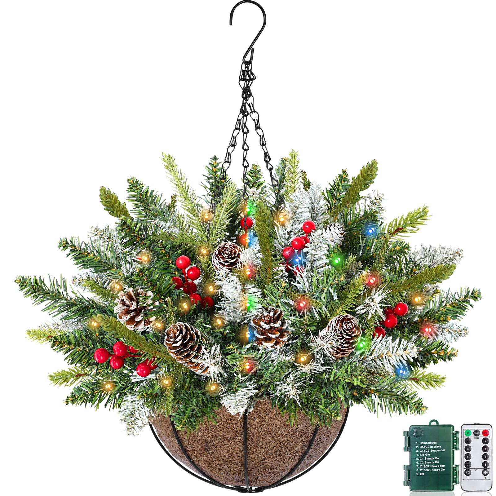 Photo 1 of 20 Inch Artificial Christmas Hanging Basket with 30LED Changing Warm White&Multicolored Timer 8 Modes Remote Control Norfolk Pine Snowy Tips Hanging Christmas Decorations for Porch Front Door Home