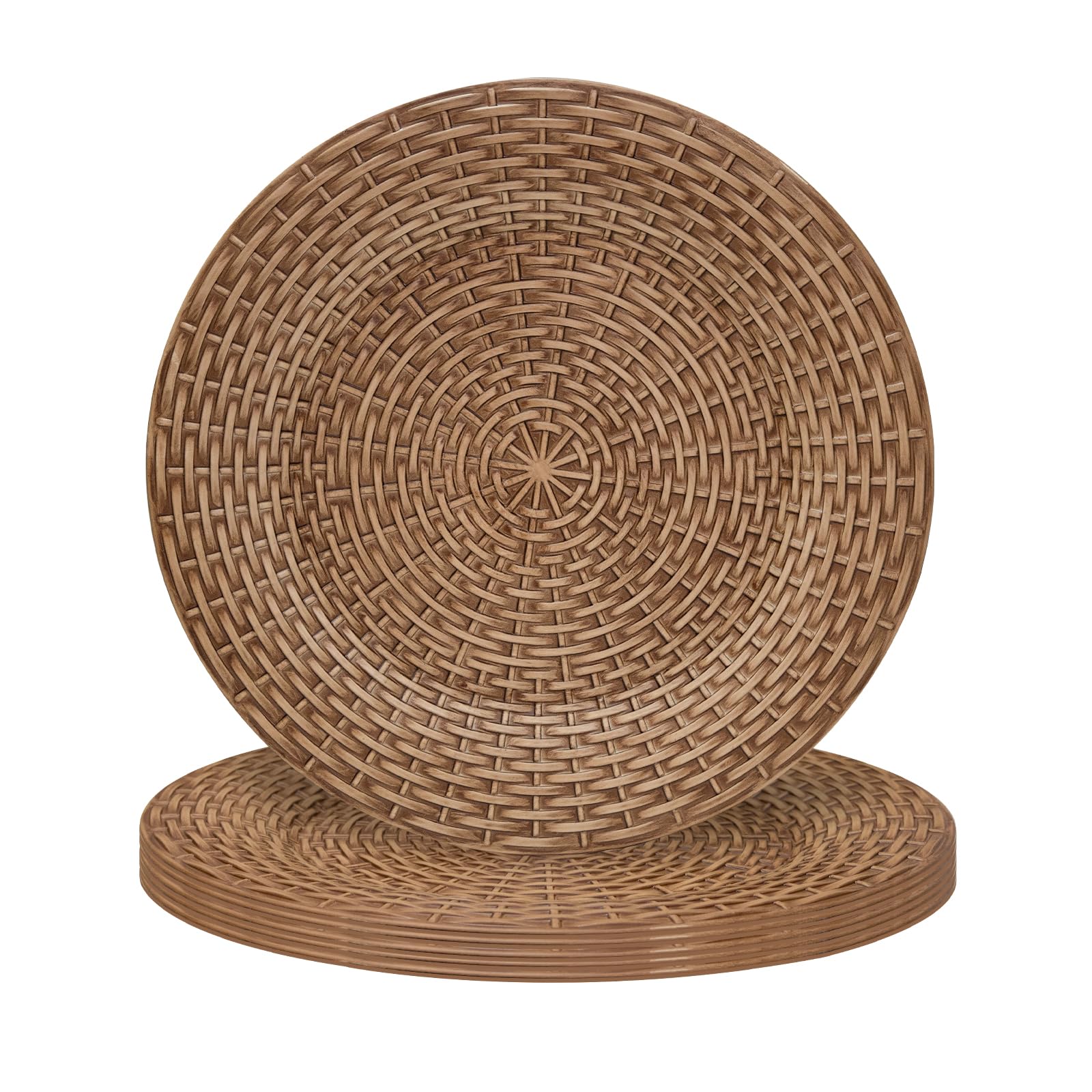 Photo 1 of MAONAME Faux Rattan Charger Plates Set of 6, Table Chargers for Dinner Plates, 13" Round Brown Plate Chargers, Plastic Charger for Table Setting, Wedding Decor