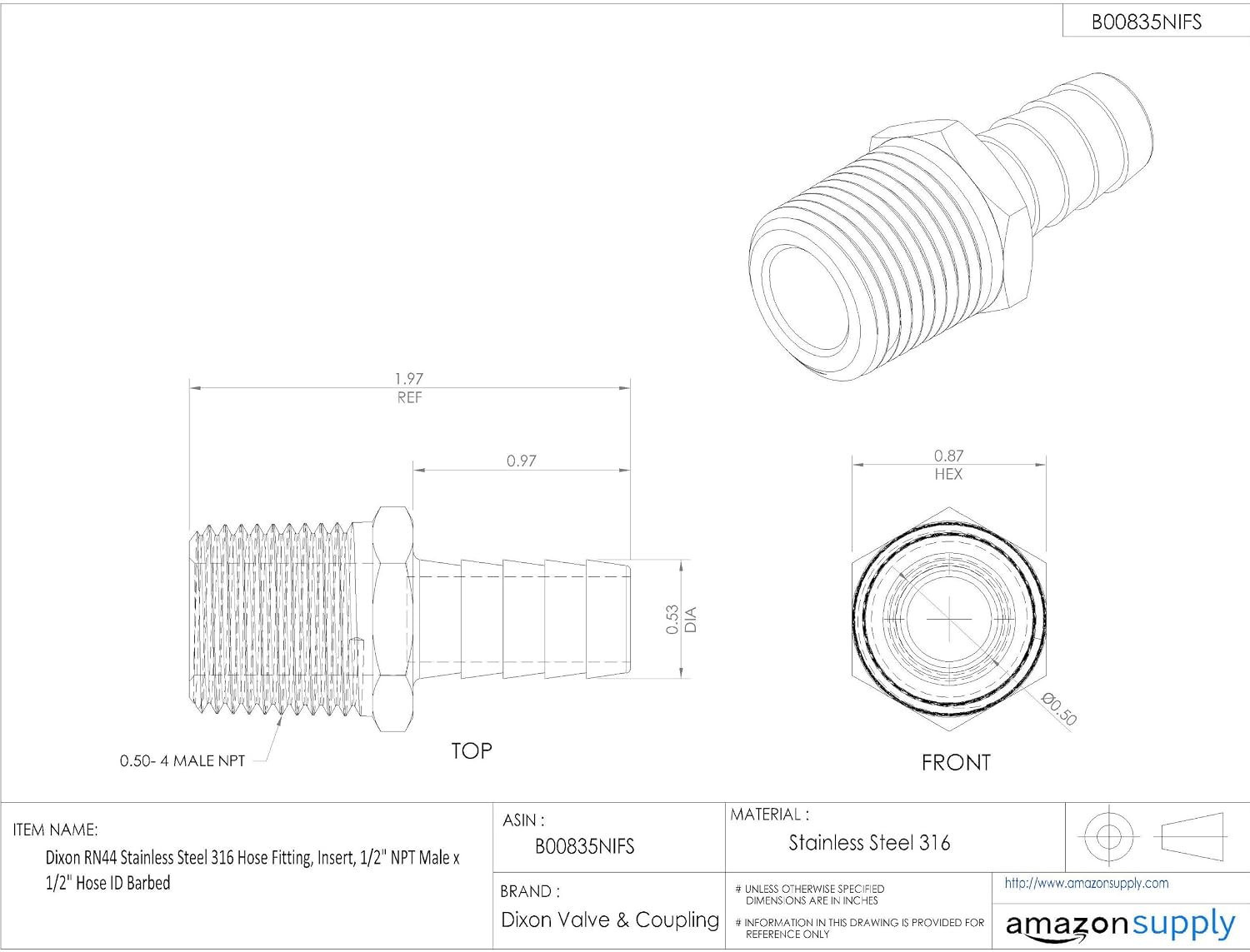 thumbnail image 2 of DixonÂ® RST30 Kingâ¢ Combination Nipple, 2-1/2 Inx5-9/16\" L Hose... 2 of 9